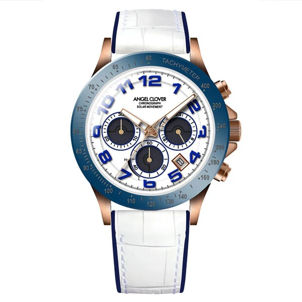 ANGEL CLOVER LUS44PWH WH Stylish Men's Luce Solar Watch with Eco Friendly Solar Power, Water Resistant Design, and Sleek White Dial