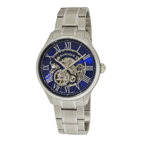 Automatic wristwatch with genuine leather strap, 5 ATM water resistance, D buckle, blue dial and band BA2006S-18BR.