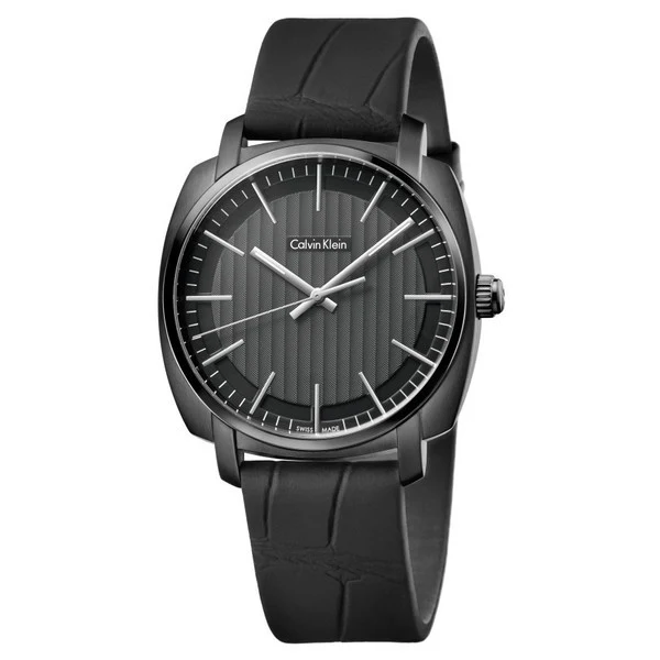Calvin Klein K5M314C1 Stainless Steel Black IP Black Leather Band Water Resistant Minimalist Design 2-Year Warranty