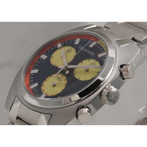 Calvin Klein K8W3714N Achieve SS Chronograph Black Yellow Orange Bracelet 43mm Imported 2-Year Warranty