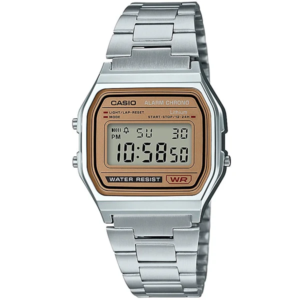 CASIO A158WEA 9JH Stylish Retro Digital Watch with Stainless Steel Band, Water Resistant, LED Backlight and Alarm Function