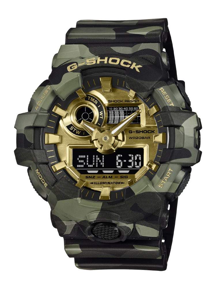 CASIO GA-700CMG-3AJF G-SHOCK Camouflage Design Stylish Gold Accents Shock Resistant Water Resistant