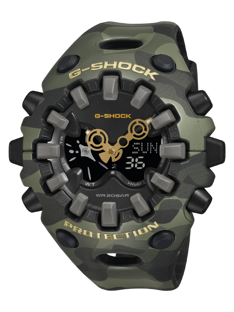 CASIO GA-V01CMG-3AJF G-SHOCK Camo and Gold Model Stylish Khaki Design Shock Resistant Water Resistant LED Light