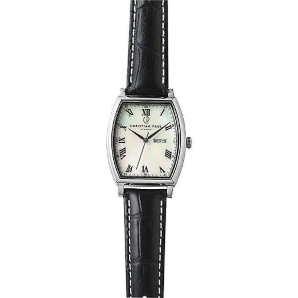 Christian Paul OPL04BKSCSV Elegant Women's Watch Black Leather MOP Dial 41mm Stylish Design Timeless Appeal