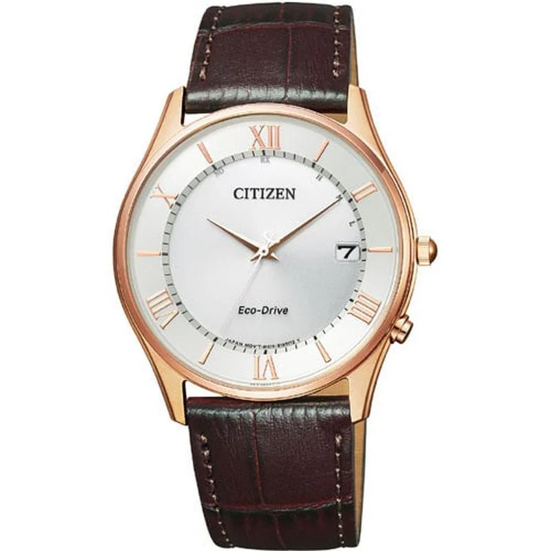 Citizen Men's Watch - Citizen Collection Eco-Drive Radio-Controlled Watch with Date, Leather Calf Band, Pink Gold/Brown - AS1062-08A