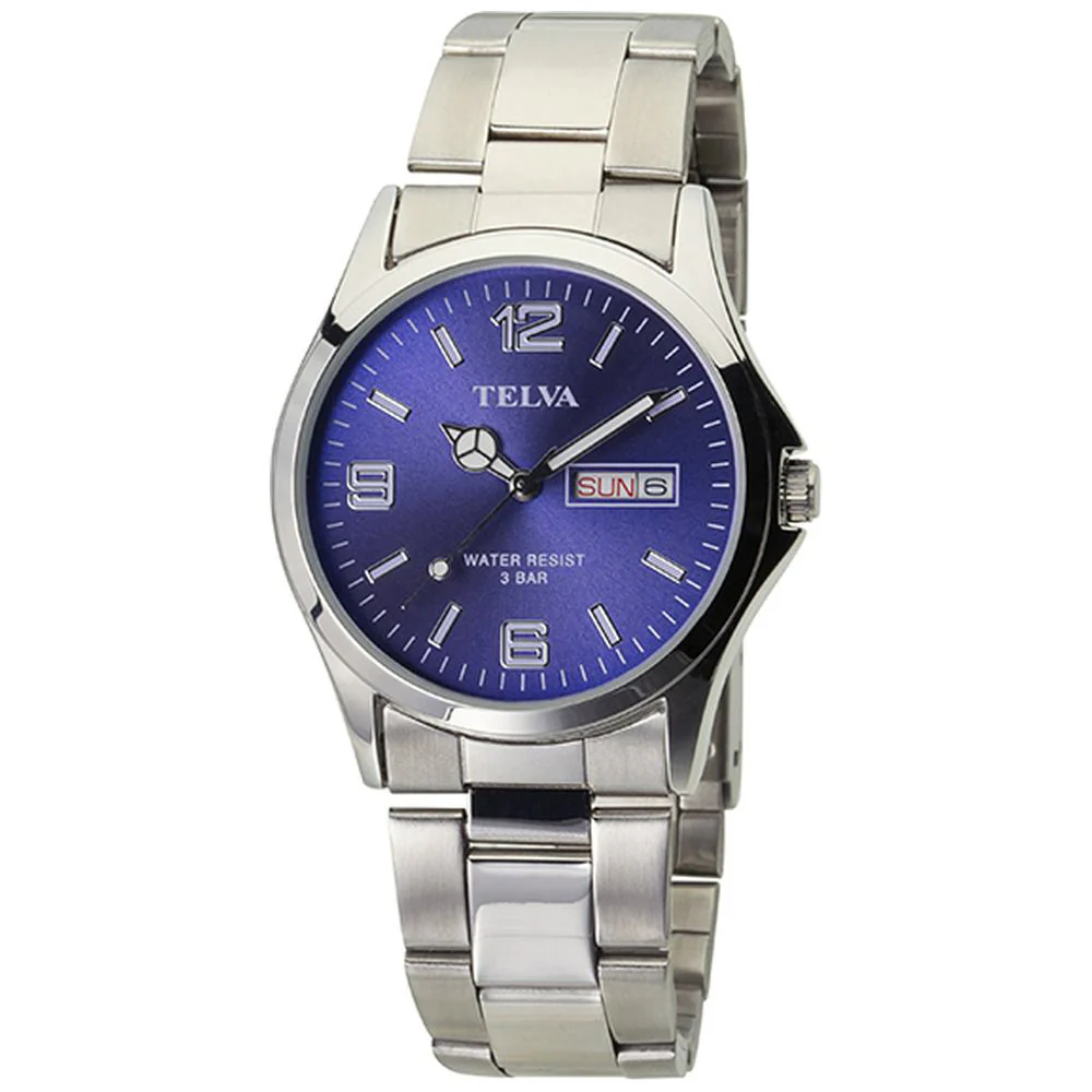 CLEVER TE AM181 BLS TELVA Men's Analog Watch with Day and Date Display, Stylish Silver and Blue Design, Durable and Elegant Timepiece