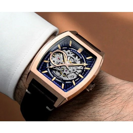 Earnshaw ES-8302-04 Automatic Skeleton Watch Elegant Tonneau Design 2-Year Warranty Premium Craftsmanship