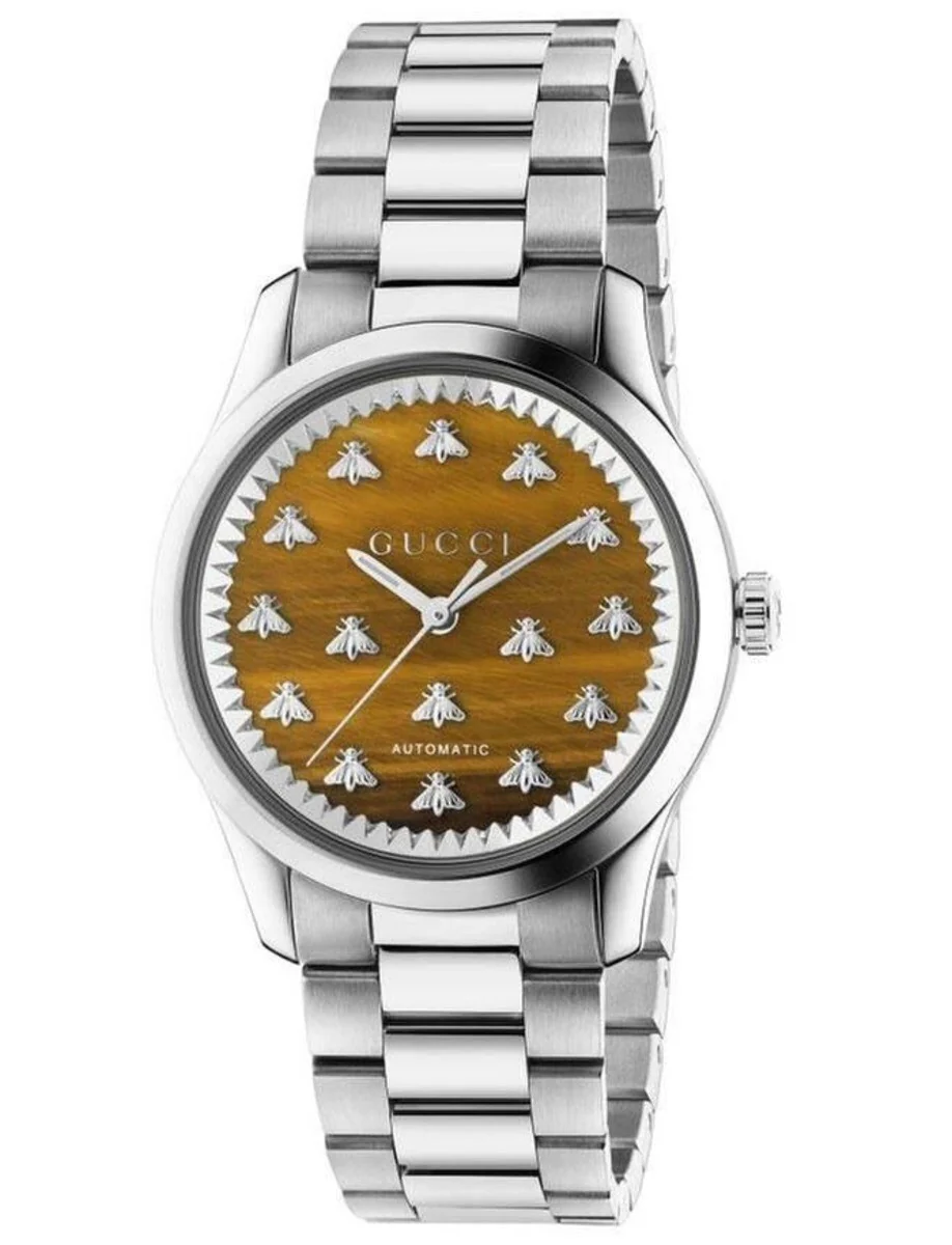 GUCCI YA1264177 G-Timeless Brown Leather Strap Swiss Quartz Watch Water Resistant 2-Year Warranty Stylish Design