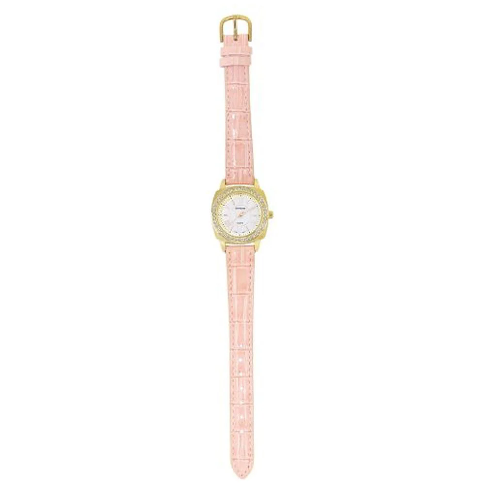 JF4D0005-G Fashion Watch Made in Japan Leather Strap Gold Pink Accent Elegant Design Water Resistant