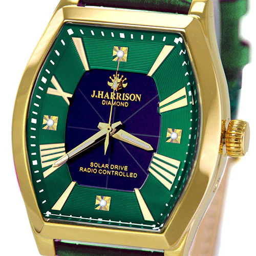 J.H-1883A-GR GR Solar Powered Radio-Controlled Watch with 4 Natural Diamonds Genuine Leather Strap Crystal Glass Green - Image 5