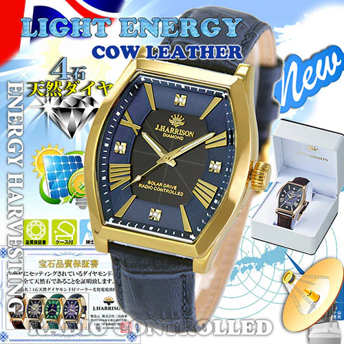 J.H-1883A-NV NV Solar-Powered Radio-Controlled Watch with 4 Natural Diamonds Genuine Leather Strap Crystal Glass Navy - Image 2