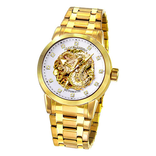 JH-2073GW W Men's Watch GOLD RUSH Dragon Design Hand-Wound Automatic White Dial Stainless Steel Case Water Resistant