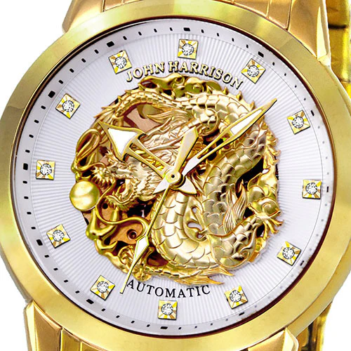 JH-2073GW W Men's Watch GOLD RUSH Dragon Design Hand-Wound Automatic White Dial Stainless Steel Case Water Resistant - Image 5