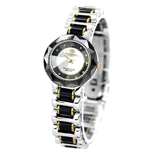 J.H-CCL001BS BS Elegant Ceramic Design 18K Gold Plated Crown Black Silver Finish 4 Natural Diamonds