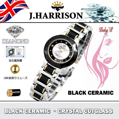 J.H-CCL001BS BS Elegant Ceramic Design 18K Gold Plated Crown Black Silver Finish 4 Natural Diamonds - Image 3