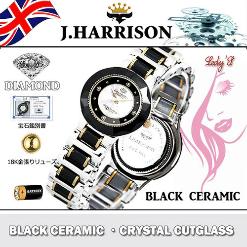 J.H-CCL001BS BS Elegant Ceramic Design 18K Gold Plated Crown Black Silver Finish 4 Natural Diamonds - Image 4