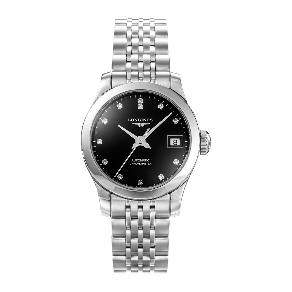 LONGINES L2.320.4.57.6 Record 5-Year Warranty Black Stainless Steel Automatic Watch Elegant Design Water Resistant
