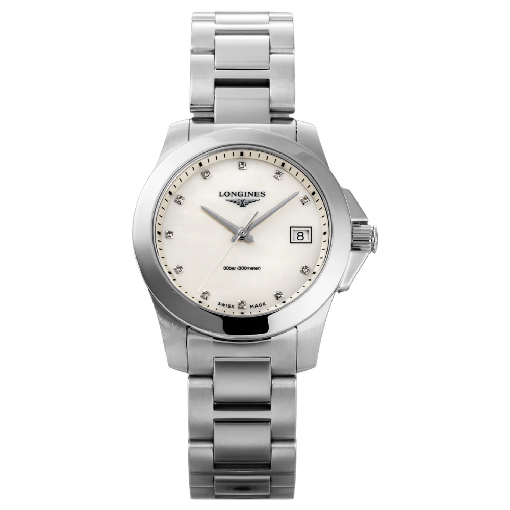 LONGINES L3.377.4.87.6 Conquest White Pearl Dial Swiss Automatic 2-Year Warranty Elegant Design