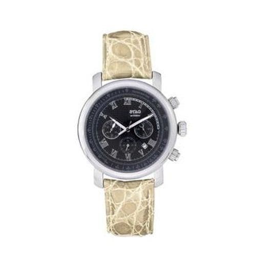 No Brand STG010S4 Men's Chronograph Watch Leather Strap Crocodile Design Black Off-White Color