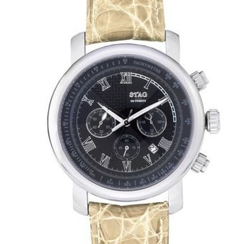 No Brand STG010S4 Men's Chronograph Watch Leather Strap Crocodile Design Black Off-White Color - Image 2