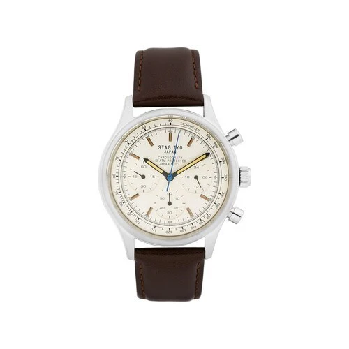 No Brand STG017LT1 Men's Chronograph Watch Leather Strap White Brown Stylish Design Water Resistant