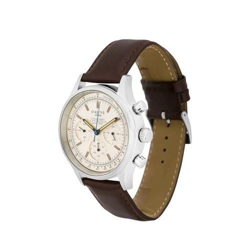 No Brand STG017LT1 Men's Chronograph Watch Leather Strap White Brown Stylish Design Water Resistant - Image 3
