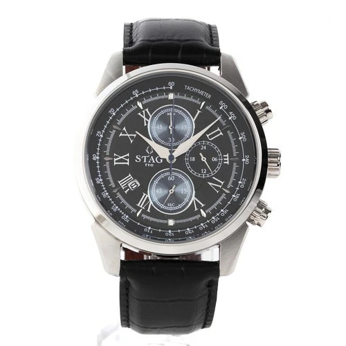 No Brand STG019S2 Men's Leather Strap Chronograph Watch Black Case Water Resistant Stylish Design - Image 3