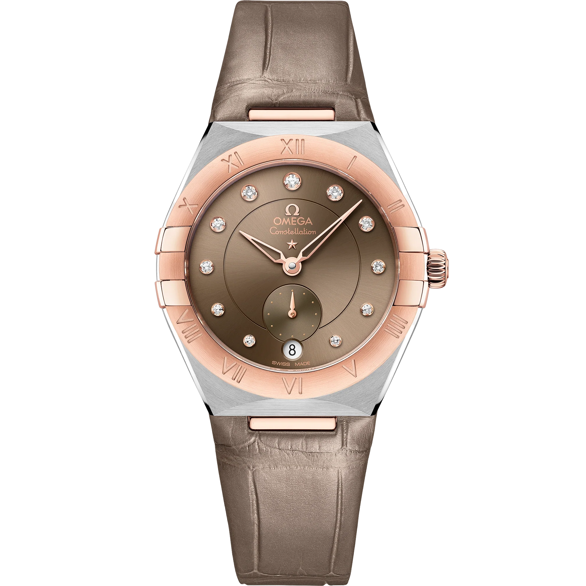 OMEGA 131.23.34.20.63.001 CONSTELLATION 34 mm, steel ‑ Sedna™ gold on leather strap