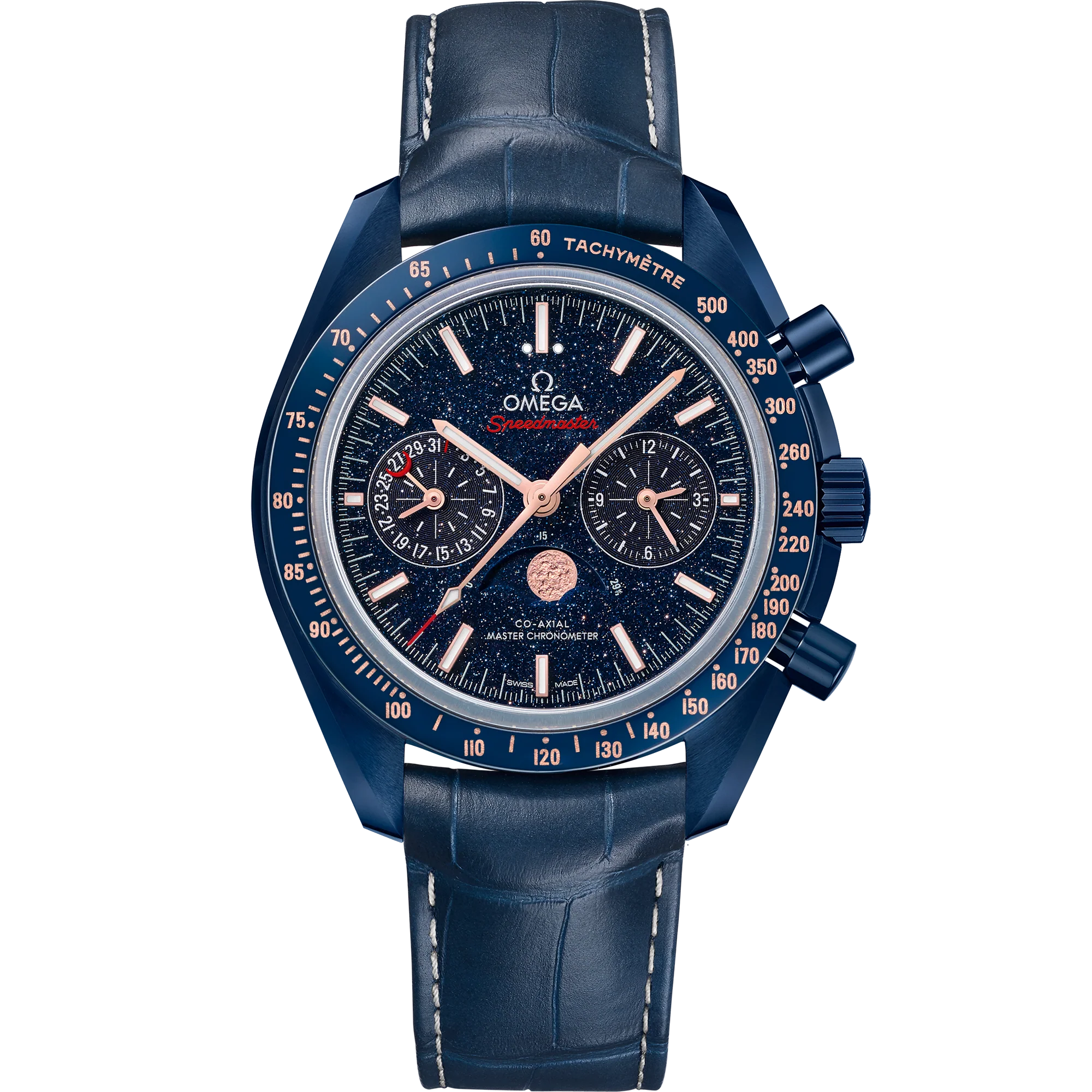 OMEGA 304.93.44.52.03.002 Luxury Automatic Chronograph Blue Dial Stainless Steel Bracelet Elegant Design