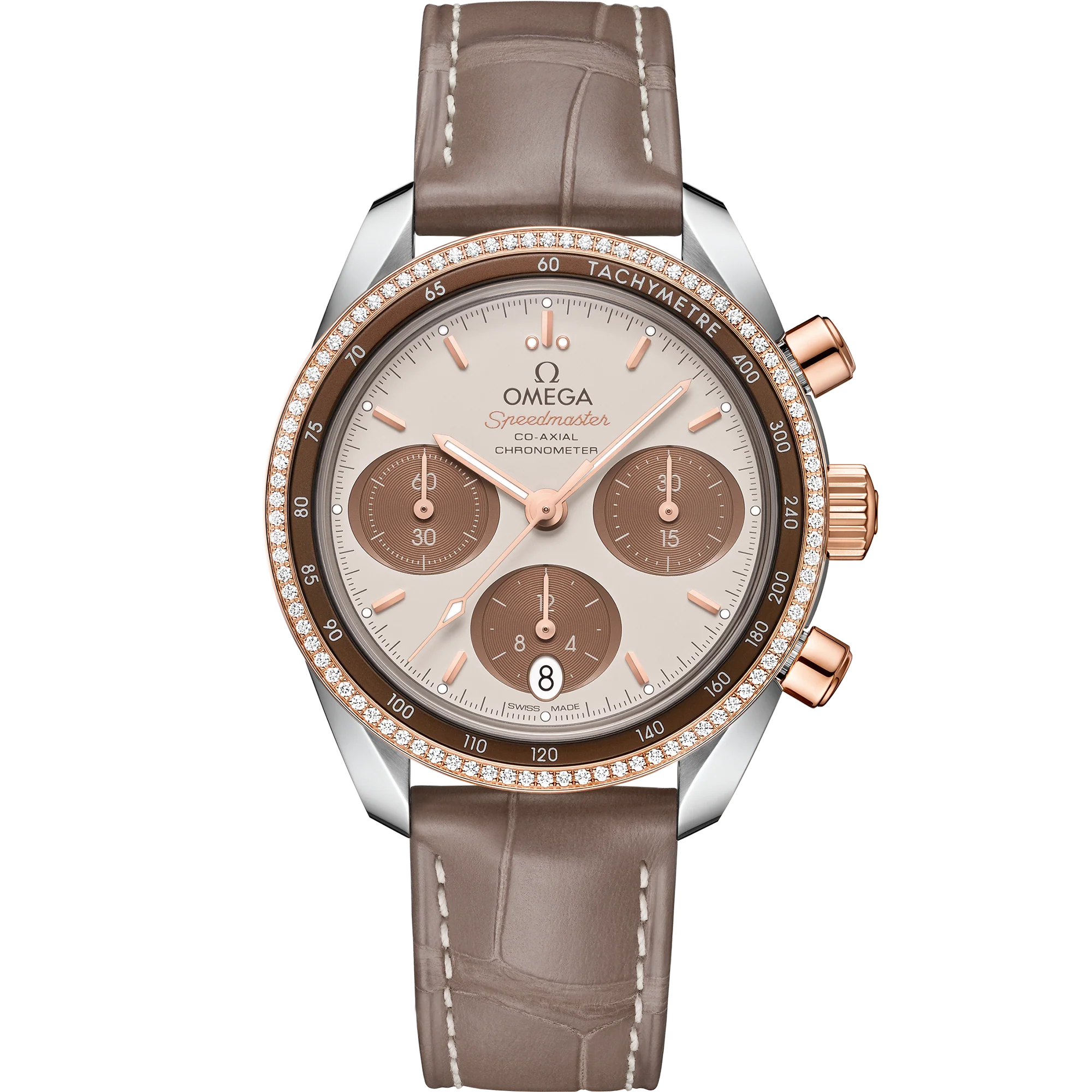 OMEGA 324.28.38.50.02.002 SPEEDMASTER 38 38 mm, steel ‑ Sedna™ gold on leather strap