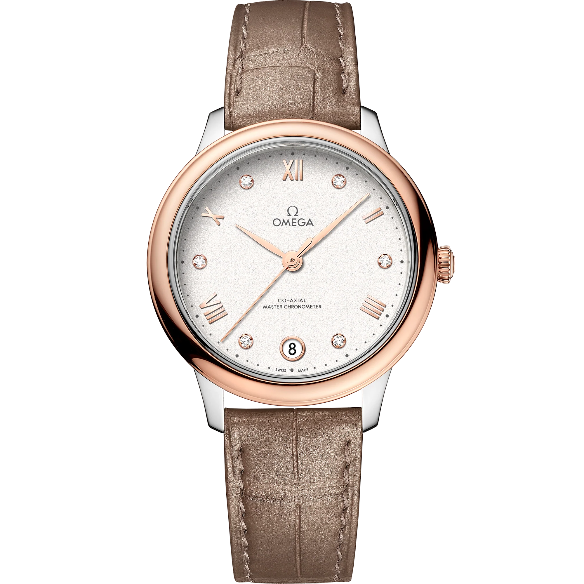 OMEGA 434.23.34.20.52.001 DE VILLE PRESTIGE 34 mm, steel ‑ Sedna™ gold on leather stra