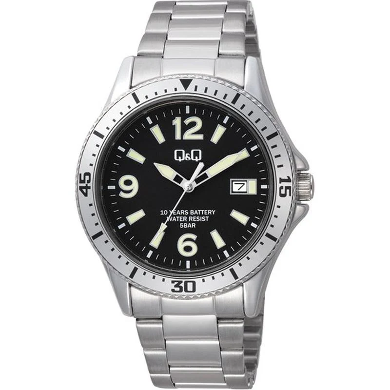 Q&Q Analog Watch with 10-Year Battery Life, Water Resistant, Date Feature, Metal Band A24A-003PK