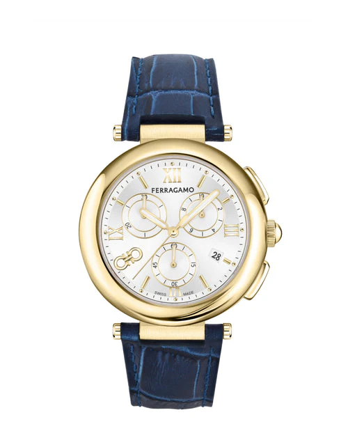 SALVATORE FERRAGAMO SFU200223 Elegant Lady Chrono Watch with Yellow Gold Case, Luxurious Leather Band, 2 Year Warranty, Perfect for Any Occasion