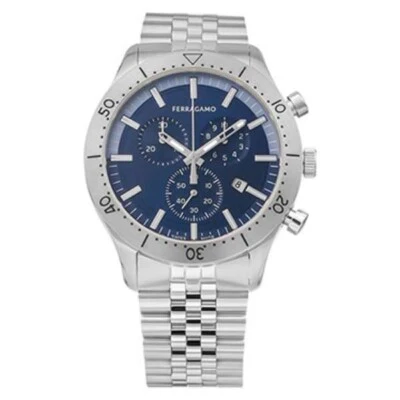 SALVATORE FERRAGAMO SFU400323 New Gent Chrono Watch with 2 Year Warranty Stylish Blue Dial Water Resistant and Versatile Design