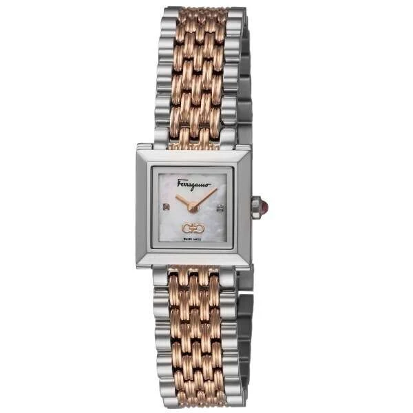 SALVATORE FERRAGAMO SFYC01222 Elegant White Square Watch with Pink Gold Belt and 2 Year Warranty for Timeless Style and Durability
