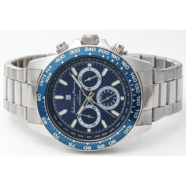 Salvatore Marra SM24108-SSBL Men's Metal Band Radio Solar Chronograph Watch Water Resistant Elegant Design 1-Year
