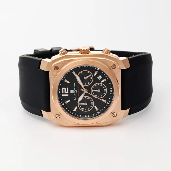 Salvatore Marra SM24109-PGBK Men's Rubber Band Chronograph Pink Gold Black Authentic 1-Year Warranty