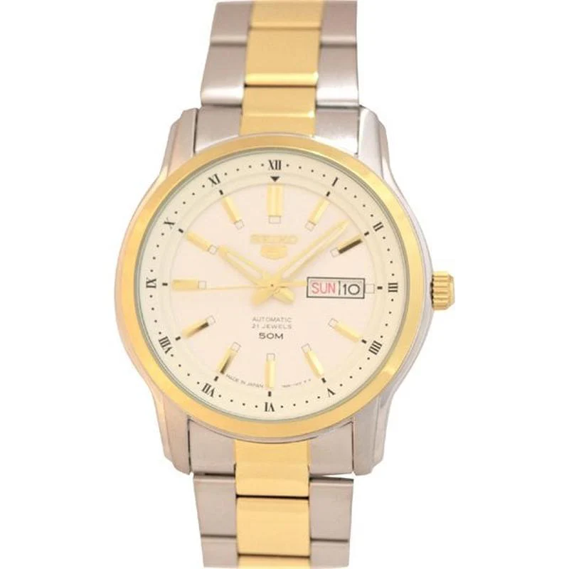 Seiko 5 Stainless Steel Yellow Gold Combination Bracelet White/Gold Watch - Imported SNKP14J1