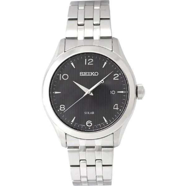 SEIKO SNE489P1 Solar Powered Men's Watch with Black Dial Stainless Steel Case 1 Year Warranty Water Resistant