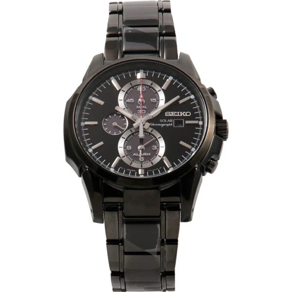 SEIKO SSC095P1 Men's Solar Chronograph Black Dial Alarm 10BAR Water Resistant IP Bracelet Watch