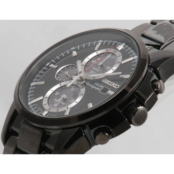 SEIKO SSC095P1 Men's Solar Chronograph Black Dial Alarm 10BAR Water Resistant IP Bracelet Watch - Image 2