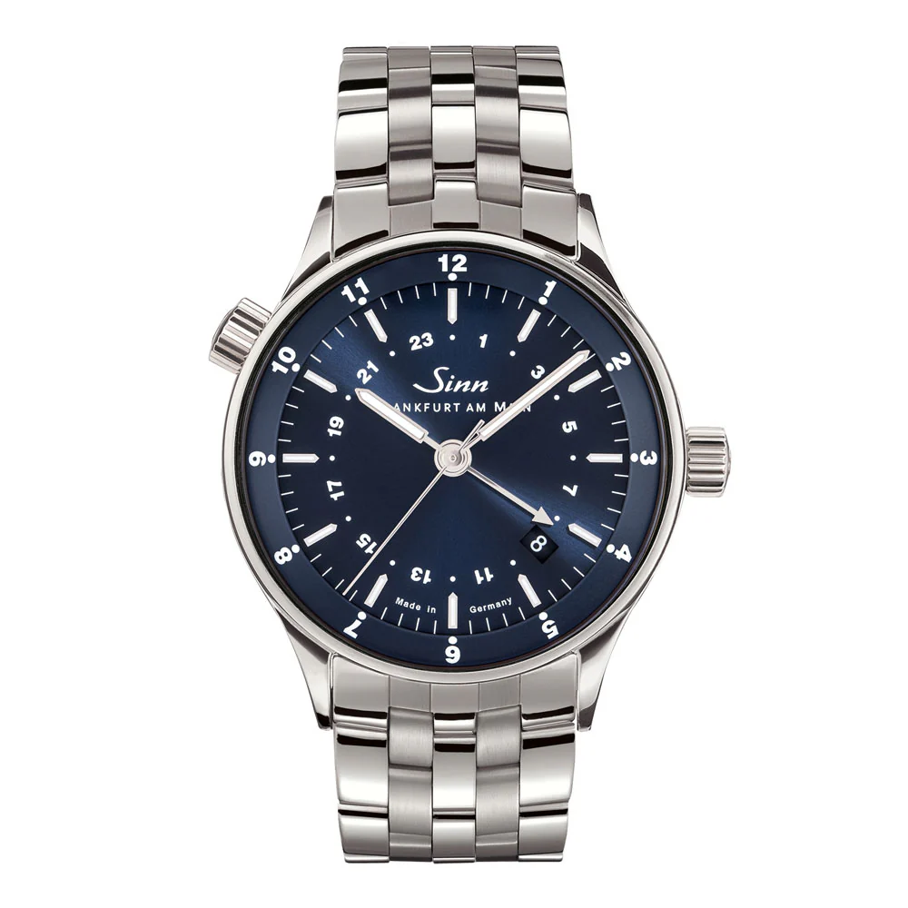 Sinn Frankfurt Financial 6060.B 3-Time Zone Blue Dial Watch with Bull & Bear Rotor Engraving