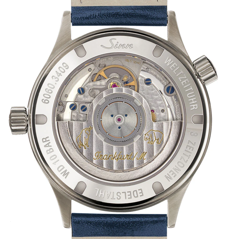 Sinn Frankfurt Financial 6060.B 3-Time Zone Blue Dial Watch with Bull & Bear Rotor Engraving - Image 6