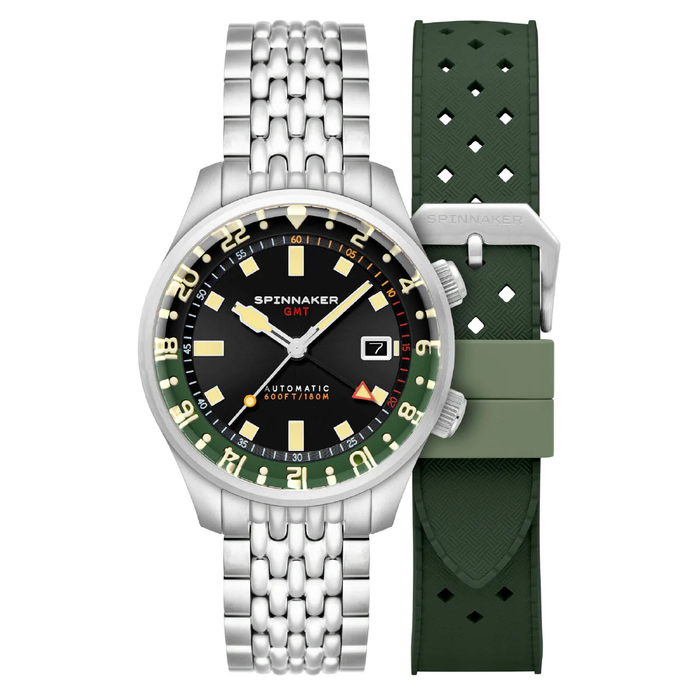 SPINNAKER SP-5121-44 Bradner GMT Automatic 2-Year Warranty Black Green Strap Water Resistant Stylish Design