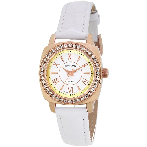 Sun Flame JF4D0005-PG Fashion Watch Made in Japan White Leather Strap Pink Gold Case Elegant Design