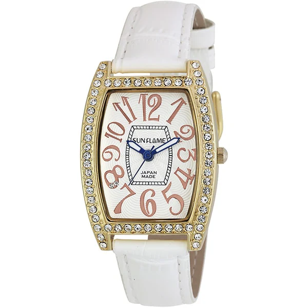 Sun Flame JF4D0006-W Fashion Watch Made in Japan Stylish Tonneau Shape Genuine Leather Strap White Dial