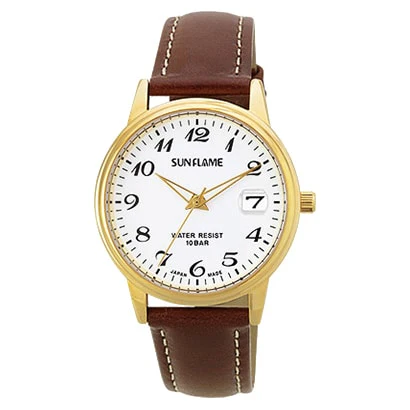 Sun Flame MJG-D09-BR Elegant Gold Tone Brown Leather Band Stylish Men's Watch Water Resistant Quartz Movement