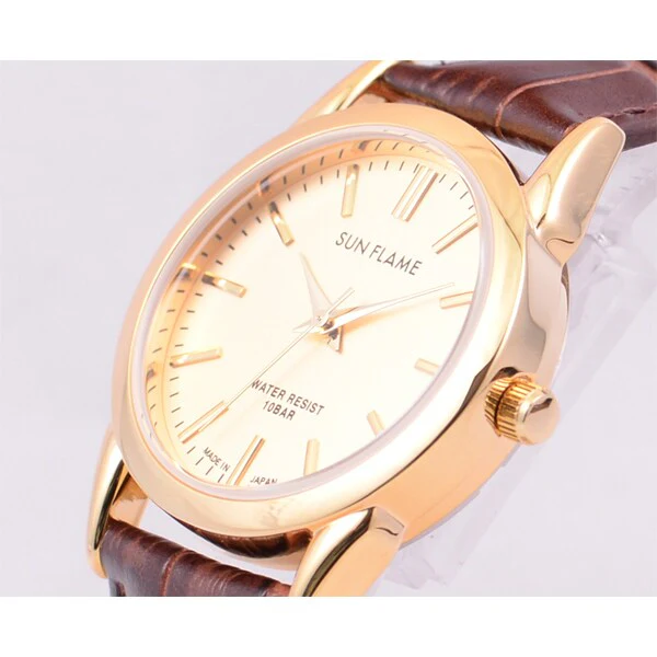 SUN FLAME MJG X07 BR Men's Watch 10 ATM Water Resistant Leather Band Made in Japan Stylish Gold Design