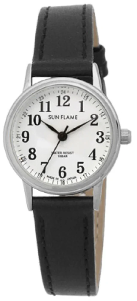 Sun Flame MJL-X06-BK Stainless Steel Elegant Design Genuine Leather Strap Water Resistant Made in Japan