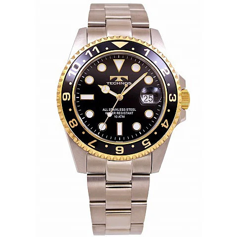 Technos TSM419GB Black Gold Stainless Steel Water Resistant 1-Year Warranty Elegant Design